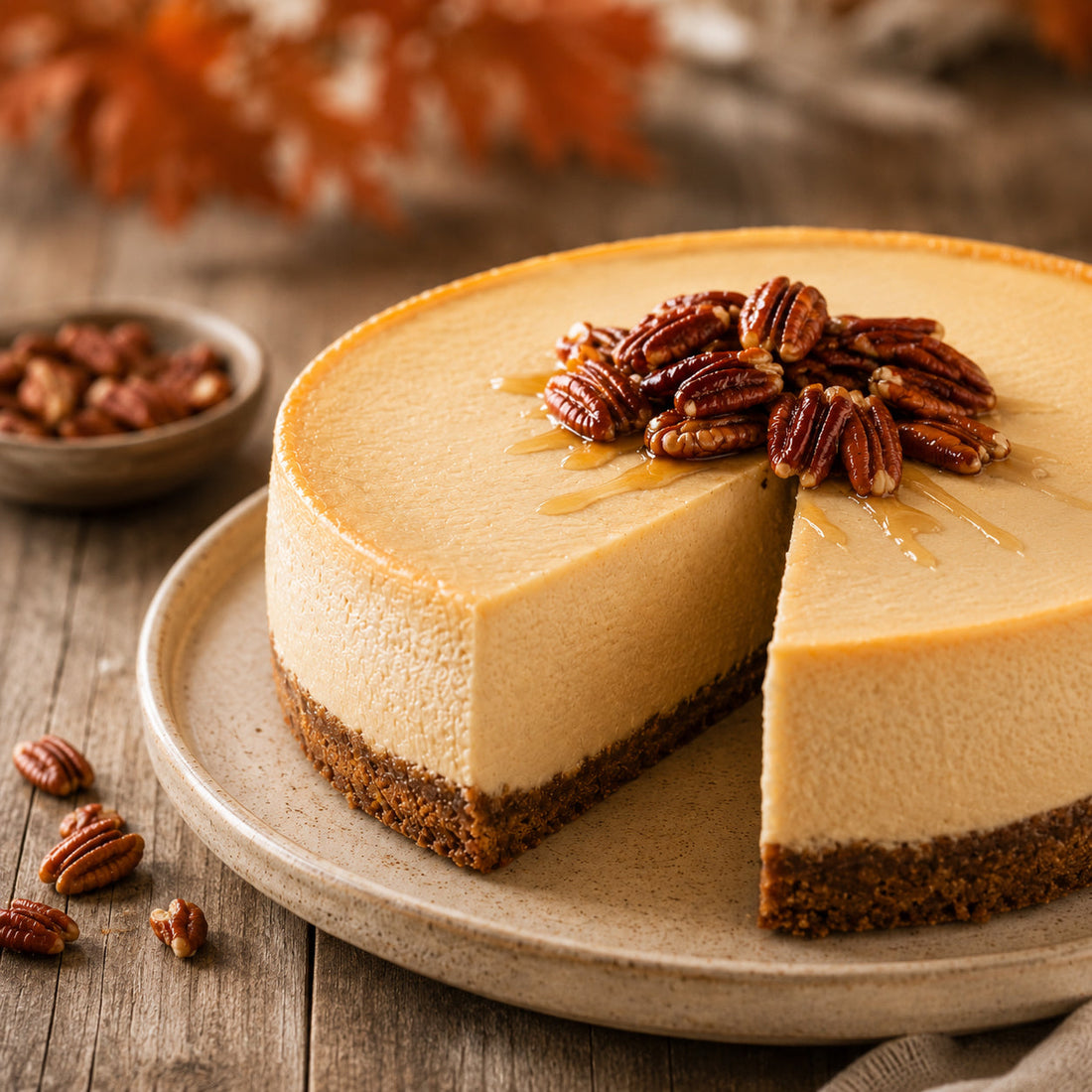 A maple cheesecake on a plate with a slice already taken out of it
