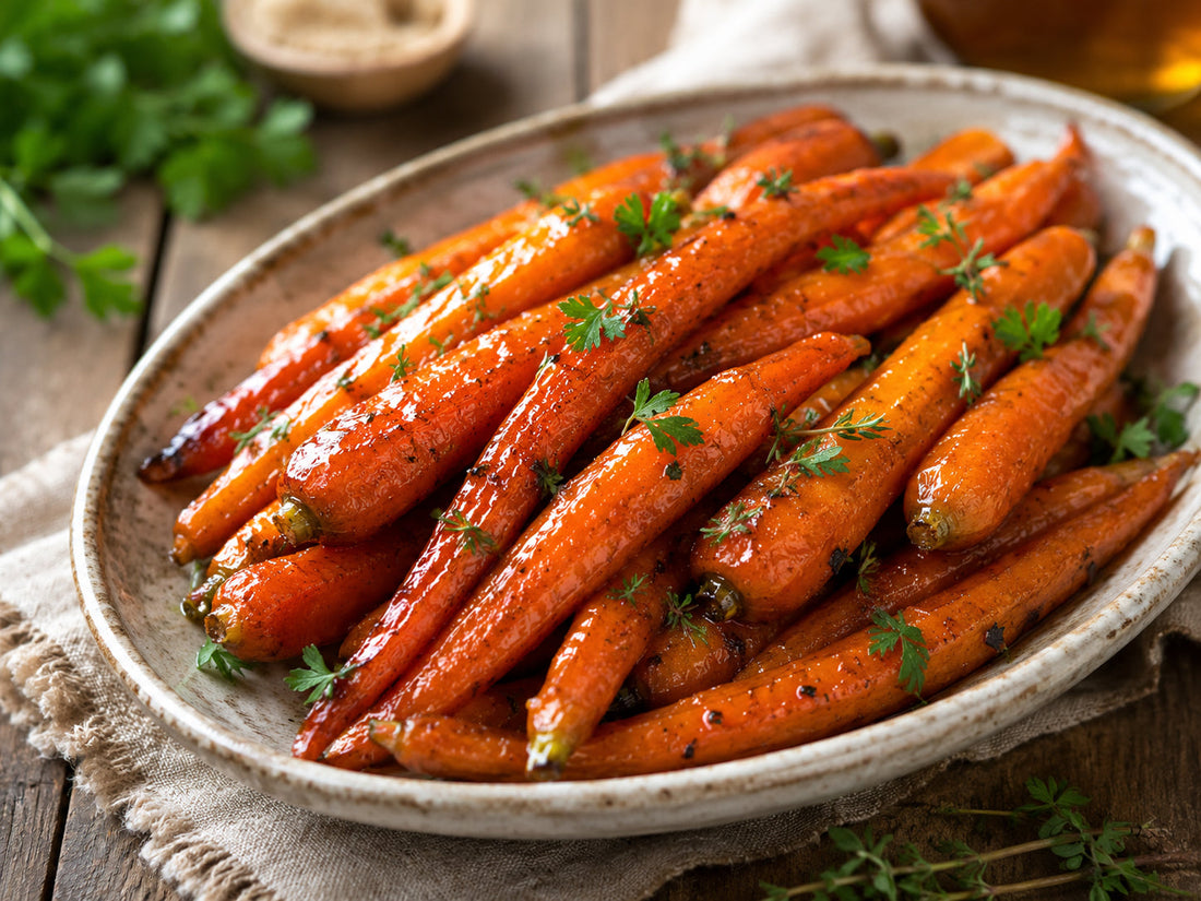 Maple glazed carrots presented on a plate