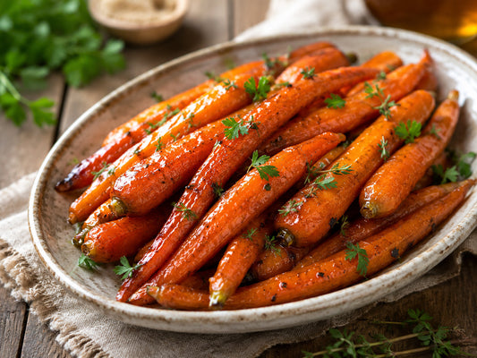 Maple glazed carrots presented on a plate