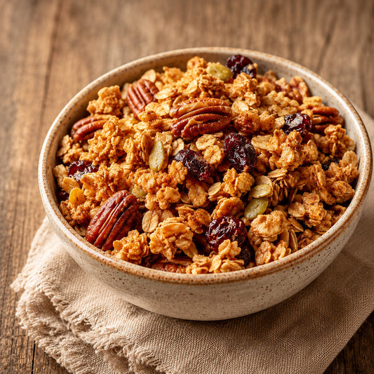 A bowl of Maple Granola on the table