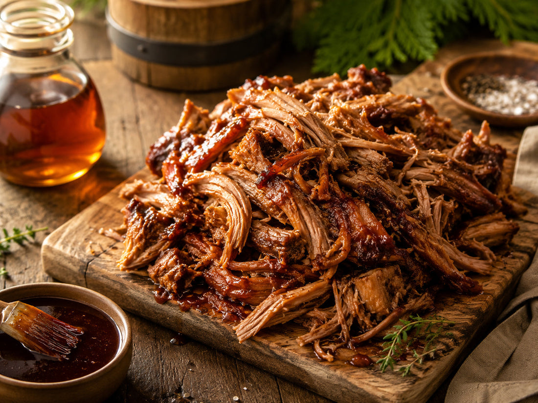 Maple pulled pork on a butcher block ready to be served