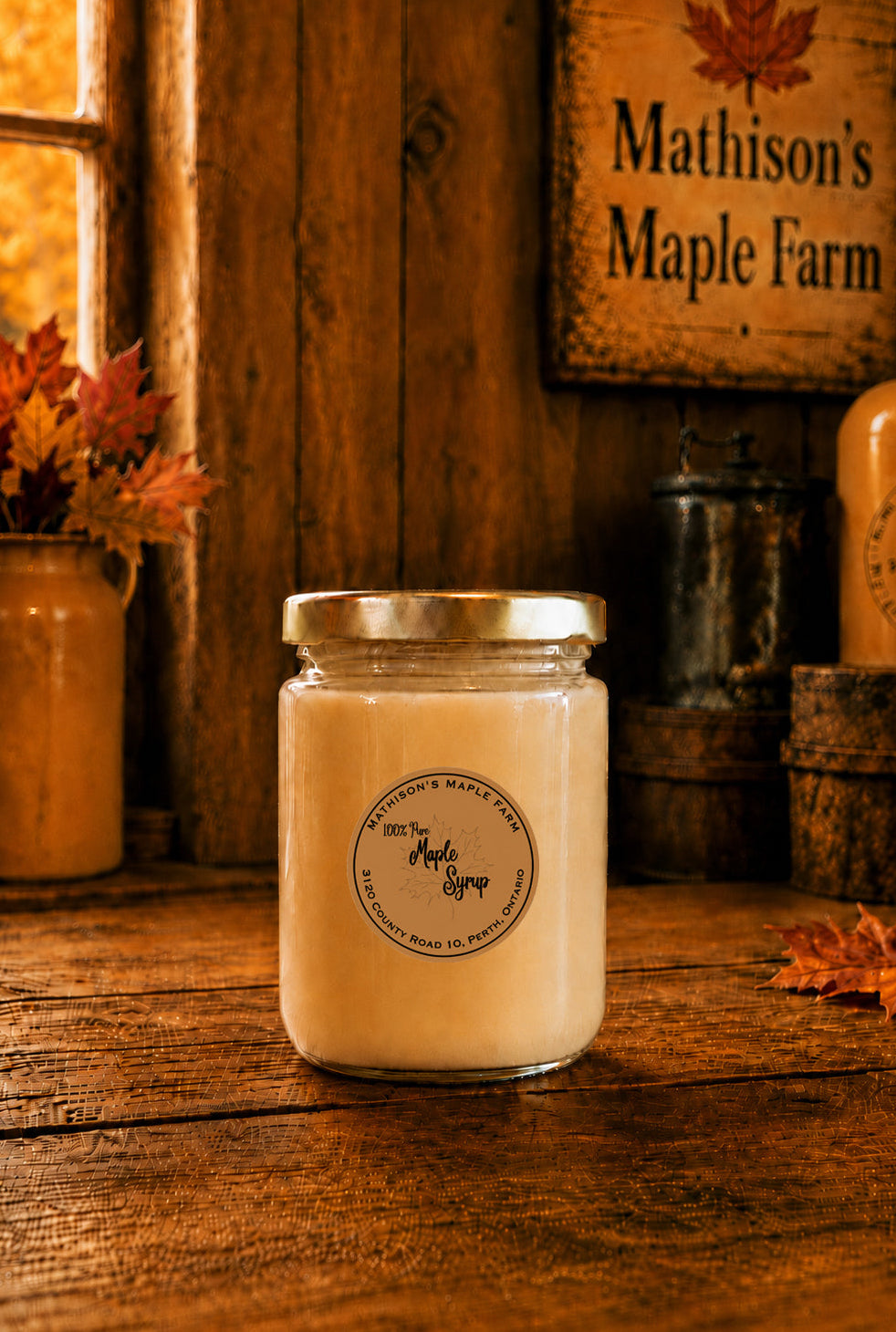 Jar of maple butter on a wooden rustic table.