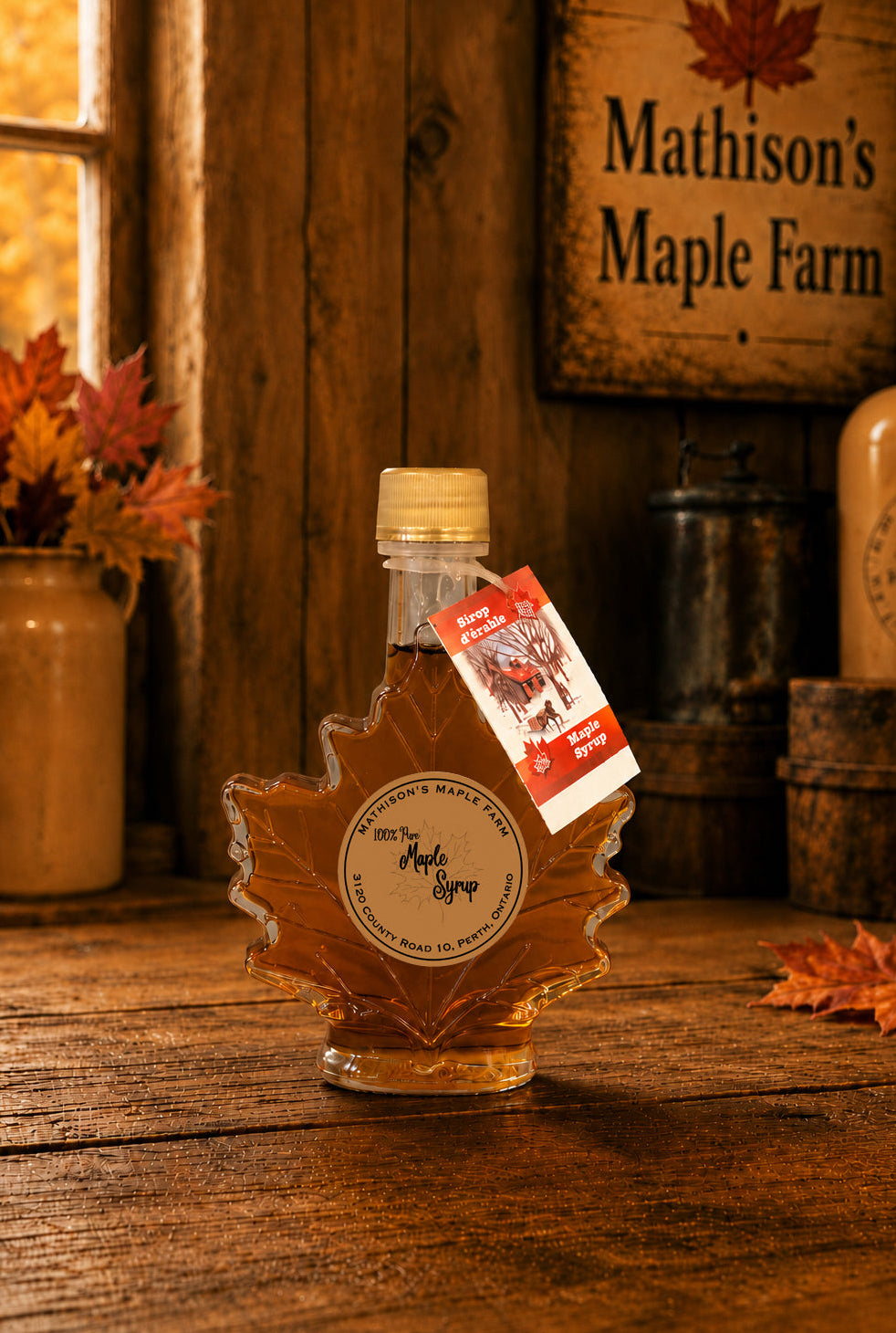 100 ml maple syrup bottle shaped like a leaf with Mathison's Maple Farm branding on a wooden rustic table.