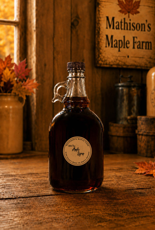 1 Litre glass bottle of maple syrup with a label on a wooden rustic table