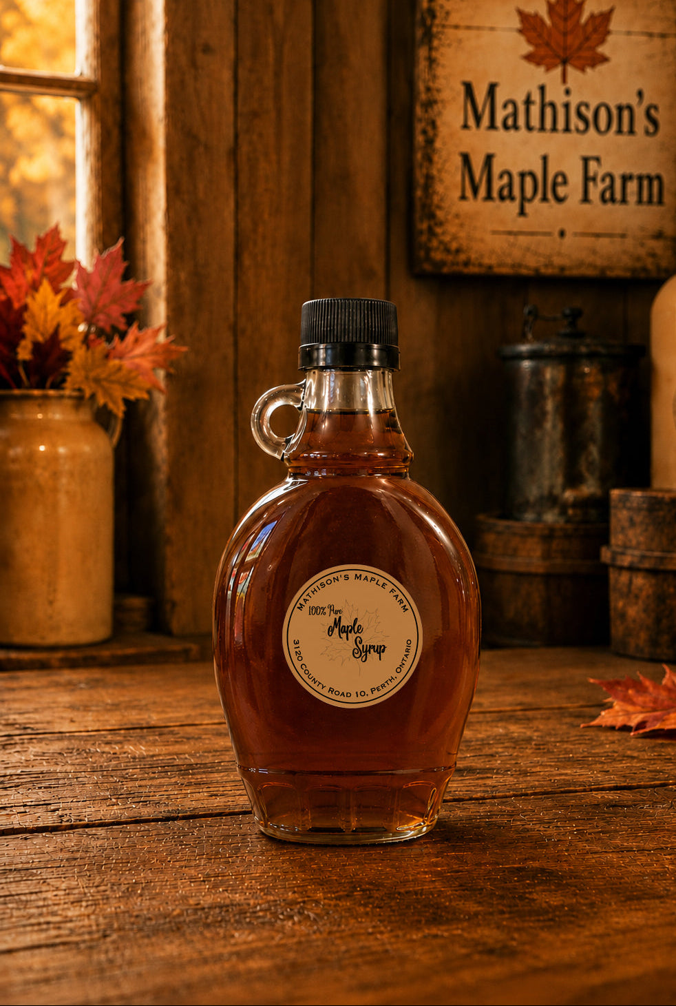 250ml maple syrup bottle with Mathison's Maple Farm branding on a wooden rustic table.