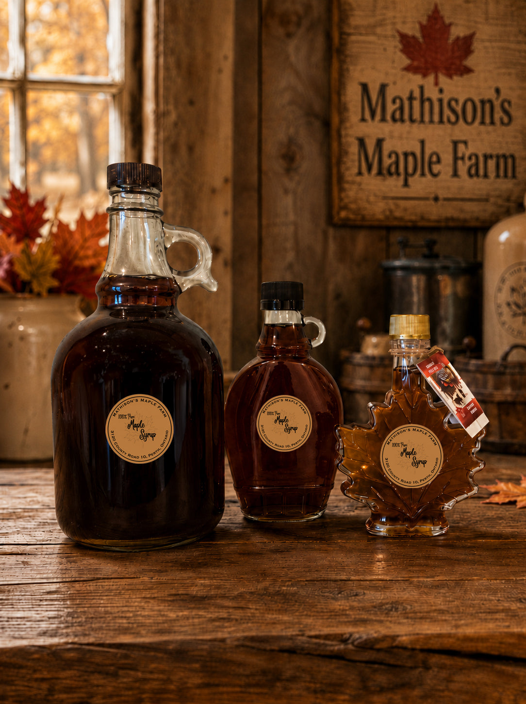 Three bottles of maple syrup on a wooden surface with a rustic background.
